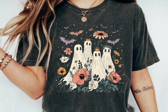 Download Vintage Cottagecore Floral Ghosts and Bats Spooky Halloween Design Png - Design Collection